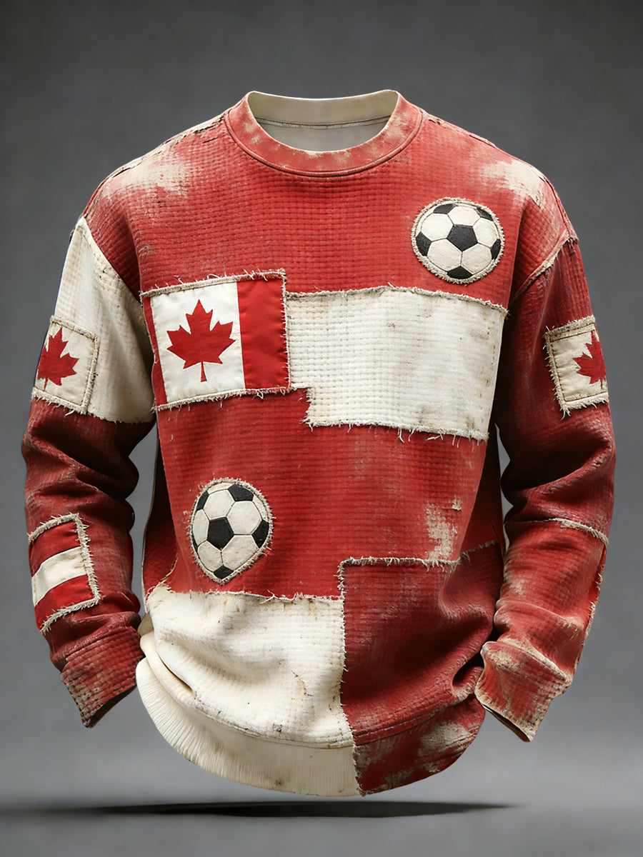 Retro Canada 2026 Soccer Patchwork Casual Waffle Weave T-Shirt