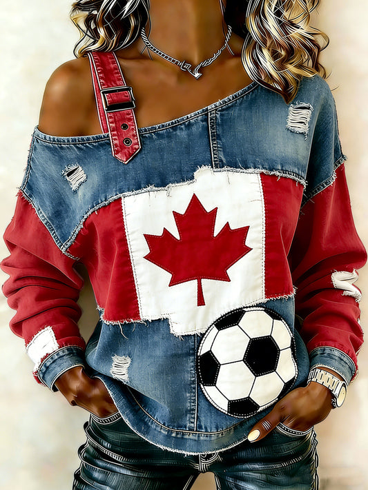 Women's Vintage Canadian 2026 Soccer Patchwork Off-Shoulder Casual Top