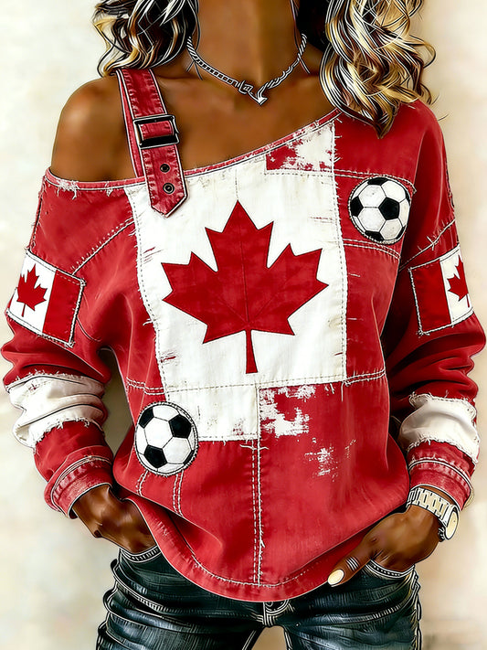 Women's Vintage Abstract Canada 2026 Soccer Casual Off-Shoulder Top