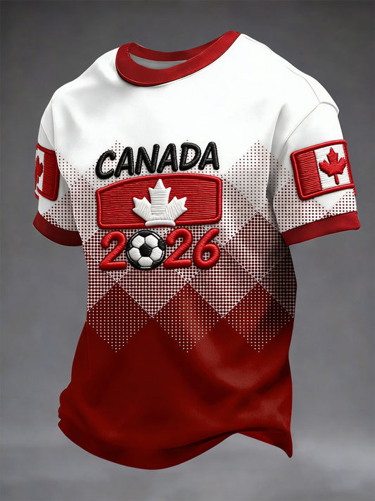 Retro Canada 2026 Soccer Gradient Geometric Art Casual T-Shirt