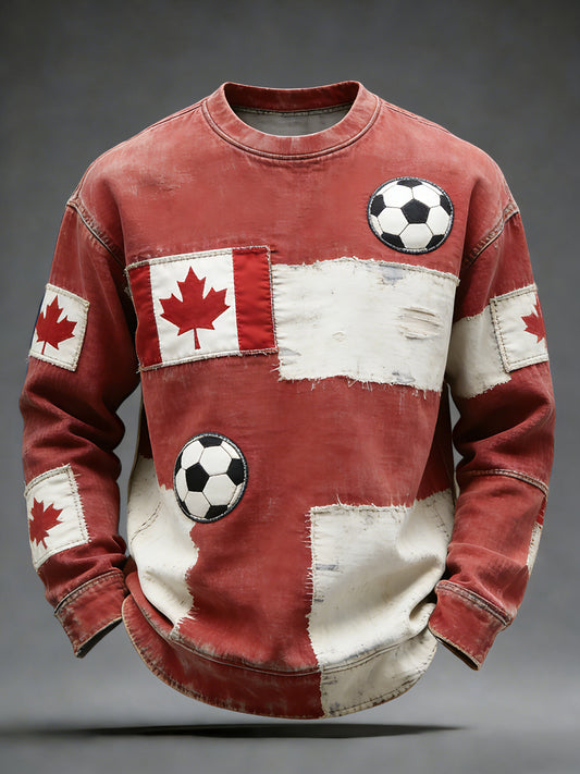 Vintage-Washed Canadian 2026 Soccer Patchwork Casual Pullover