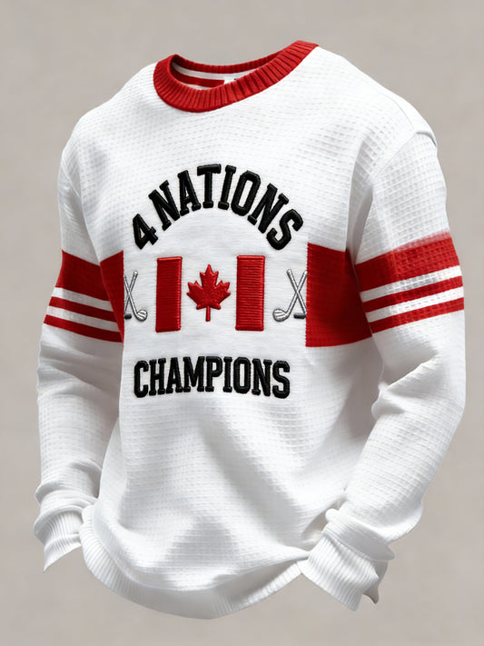 Retro Canadian Hockey Flag Casual Waffle Weave T-Shirt