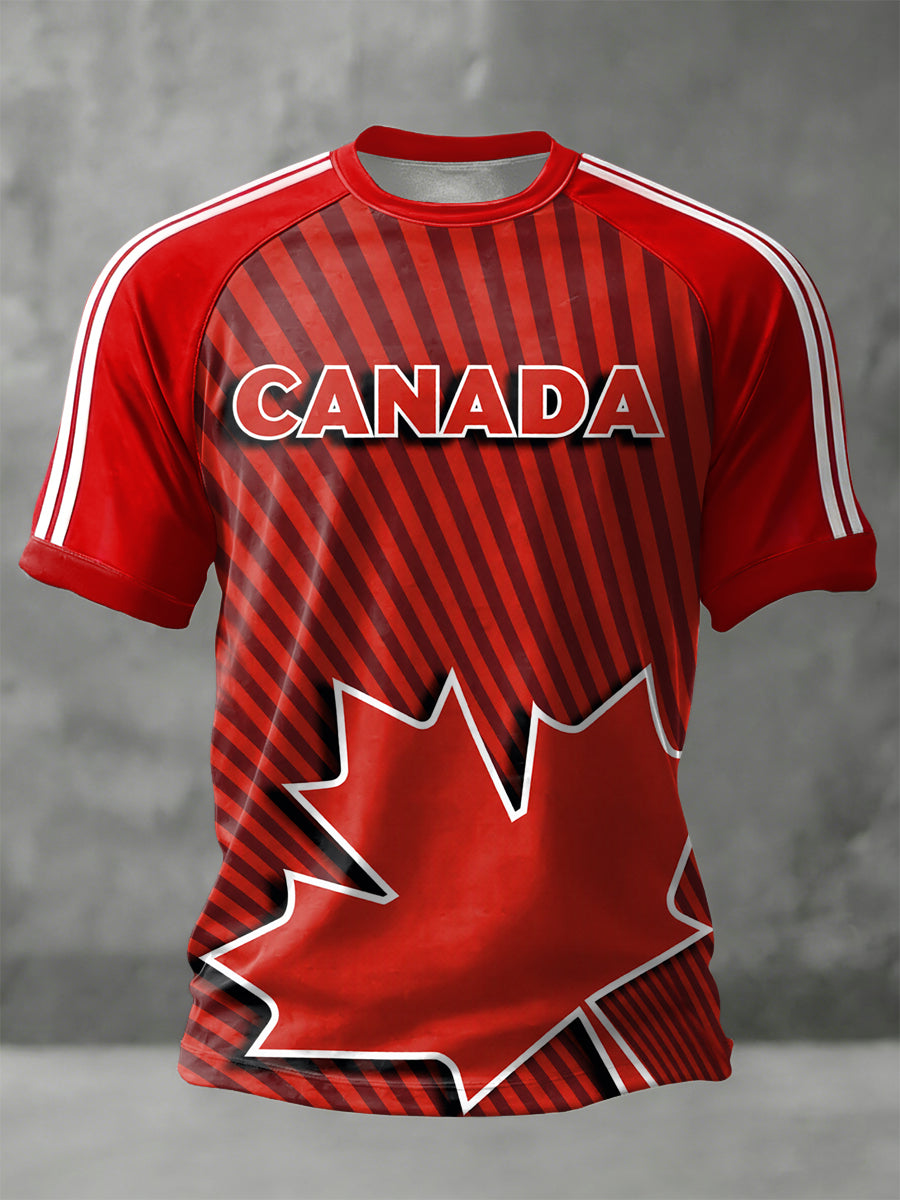 Retro Canada 2026 Soccer Stripe Patchwork Casual T-Shirt