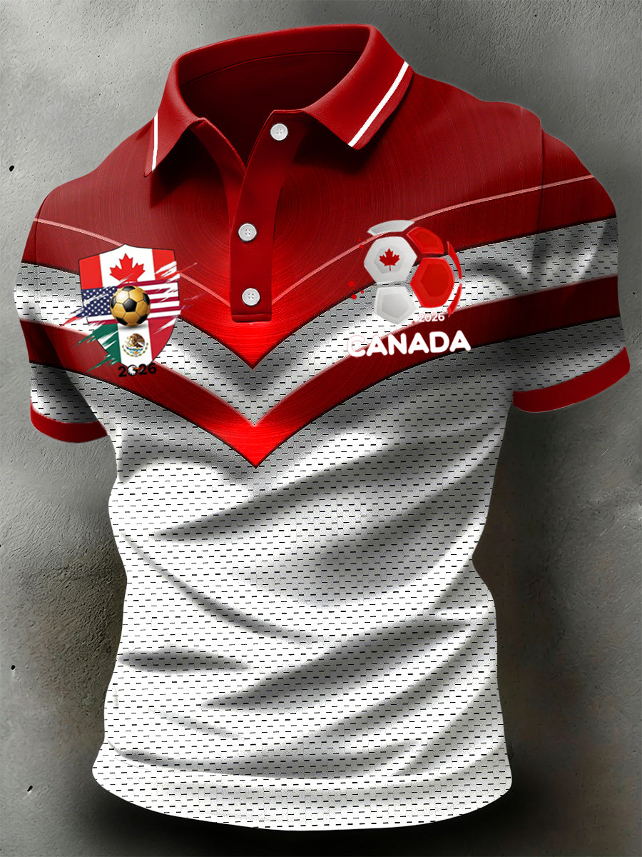 Retro Canadian 2026 Soccer Symmetrical Stripe Casual Polo Shirt
