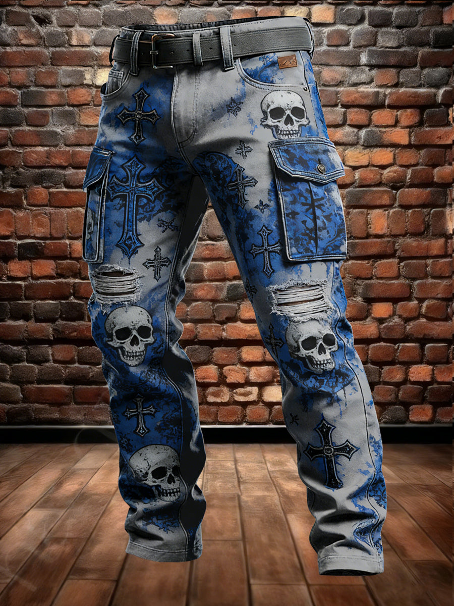 Men's Retro Vacation Business Skull Art Print Casual Workwear Trousers