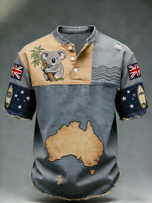 Men's Retro Australian Flag Badge Patchwork Art Print Casual Short-Sleeve T-Shirt