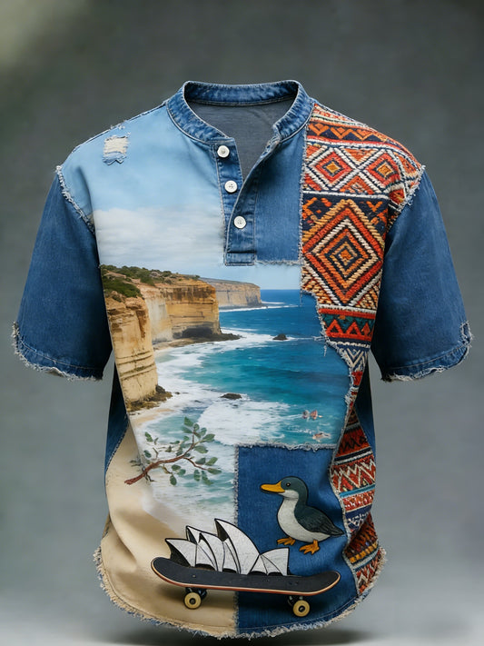 Men's Australian Flag Badge Patchwork Print Casual Short-sleeve T-shirt