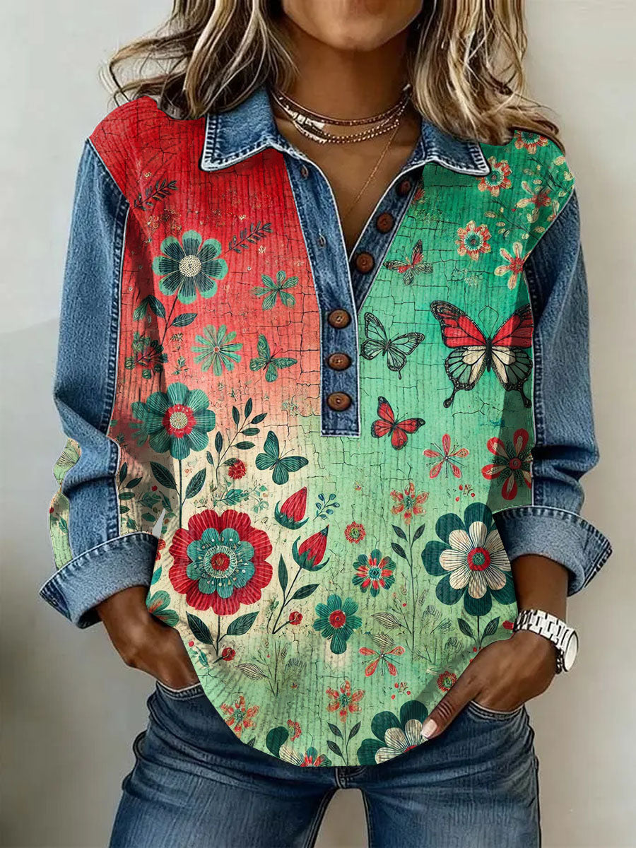 Women's Vintage Flowers Patchwork Print Casual Sweatshirt