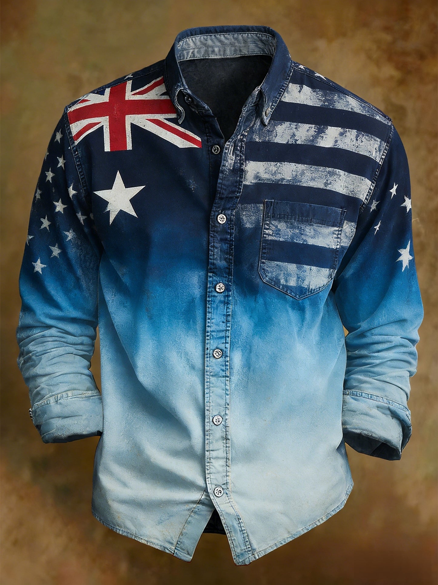 Men's Australian Flag Badge Abstract Print Casual Long Sleeve Shirt