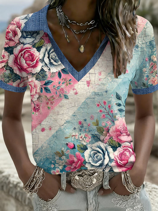 Women's Vintage Flowers Patchwork Print Casual T-Shirt