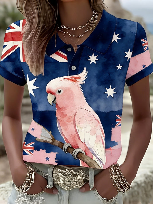 Women's Vintage Aussie Cute Pink Cockatoo Casual Short Sleeve Polo Shirt