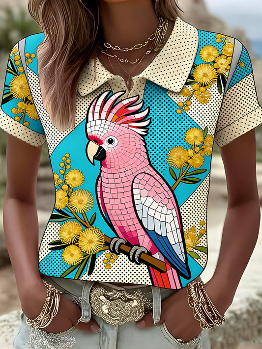 Women's Vintage Aussie Cute Pink Cockatoo Casual Short Sleeve Polo Shirt