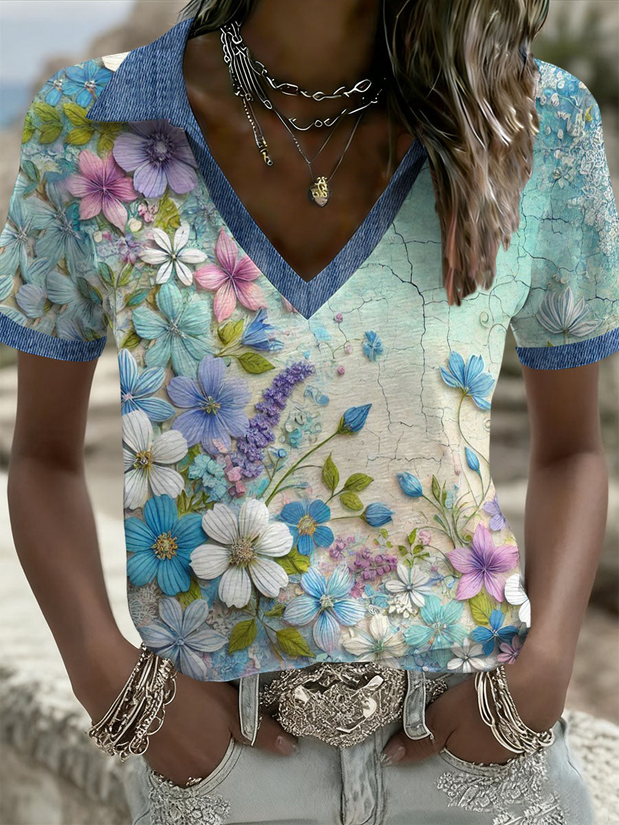 Women's Vintage Flowers Patchwork Print Casual T-Shirt
