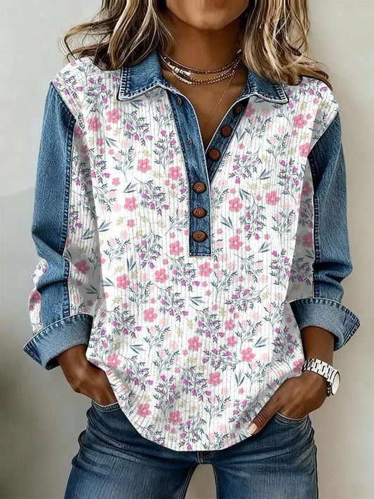 Women's Vintage Flowers Patchwork Print Casual Sweatshirt