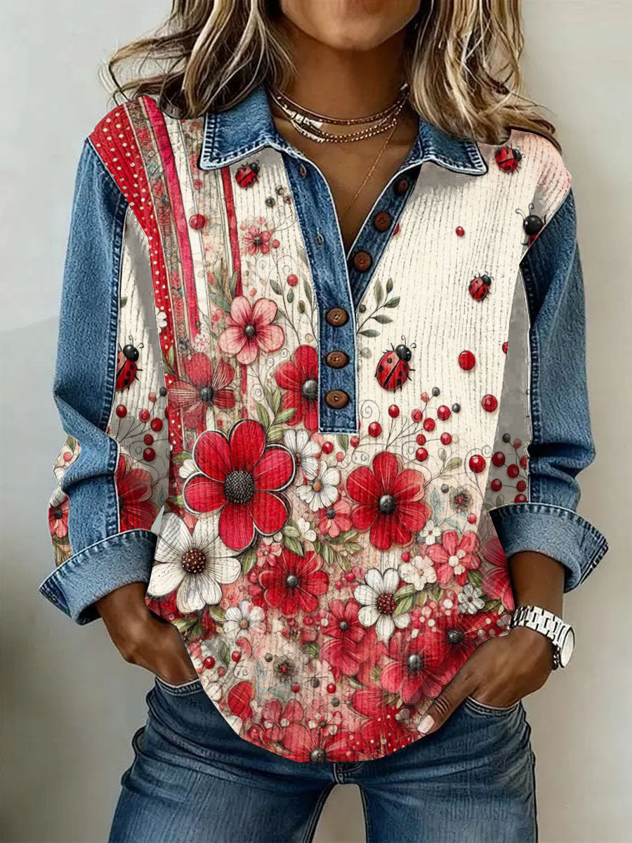 Women's Vintage Flowers Patchwork Print Casual Sweatshirt