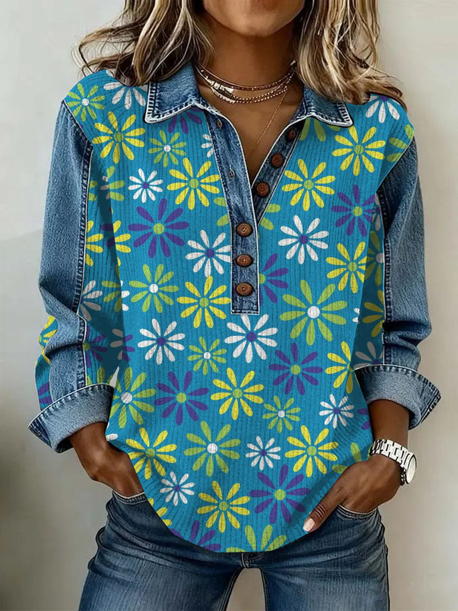 Women's Vintage Flowers Patchwork Print Casual Sweatshirt