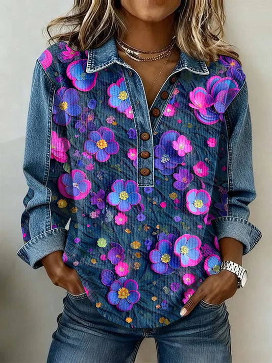 Women's Vintage Flowers Patchwork Print Casual Sweatshirt