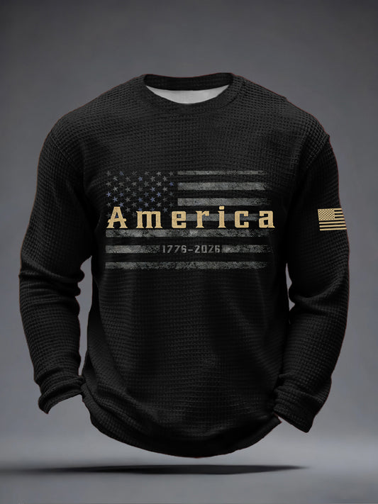 Men's America Flag Print Waffle Long Sleeve T-Shirt