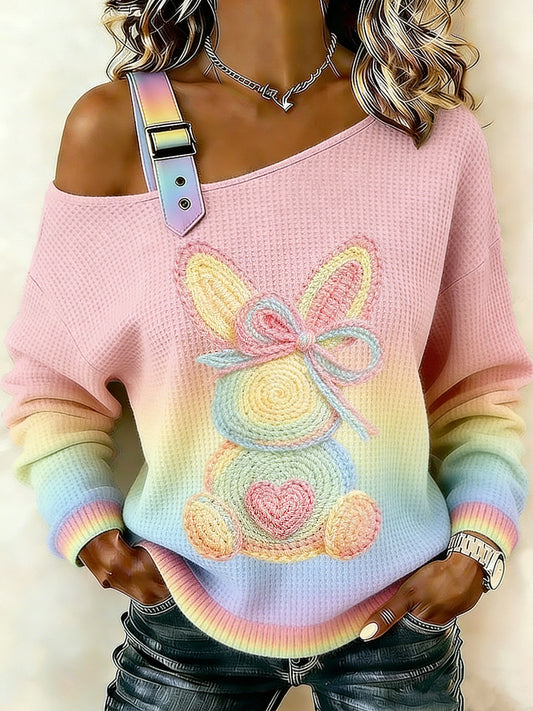 Women's Easter Bunny Printed One Shoulder Waffle Casual Sweatshirt