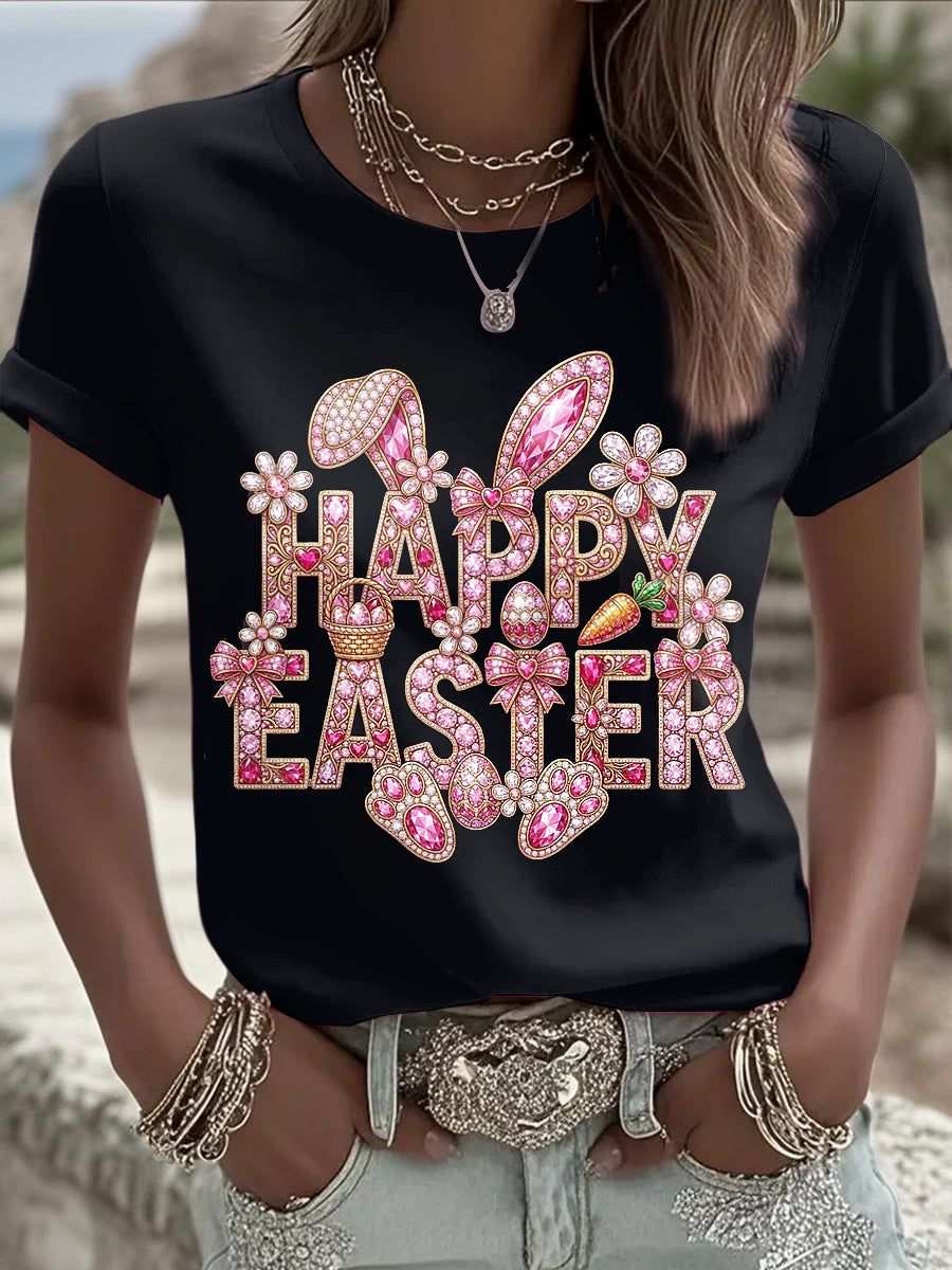 Easter Bunny Animal Printed Vintage Fashion Loose Short Sleeve T-Shirt