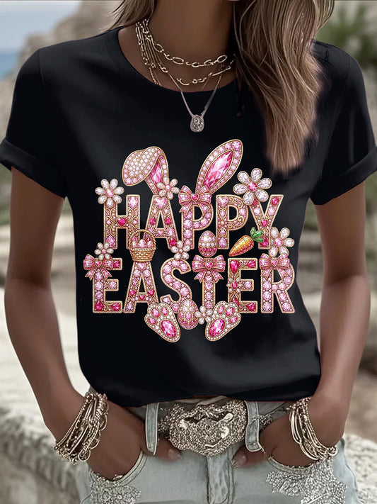 Easter Bunny Animal Printed Vintage Fashion Loose Short Sleeve T-Shirt