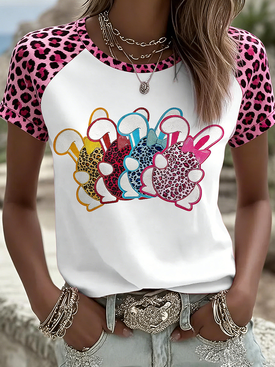 Easter Bunny Animal Printed Vintage Fashion Loose Short Sleeve T-Shirt