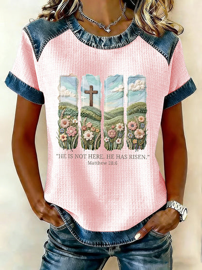 Women's  Christian Easter He is not here he has risen Matthew 28:6 Waffle Patchwork Short Sleeved T-Shirt