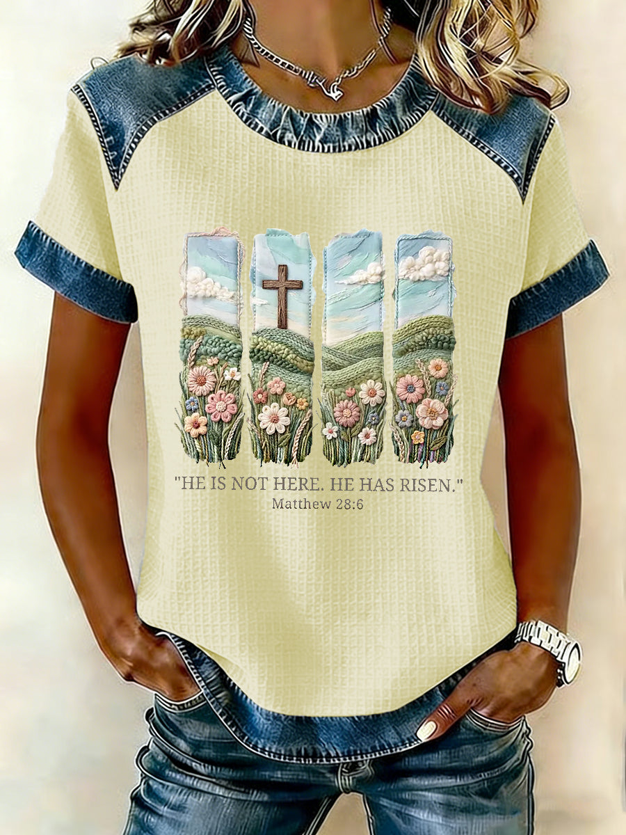 Women's  Christian Easter He is not here he has risen Matthew 28:6 Waffle Patchwork Short Sleeved T-Shirt