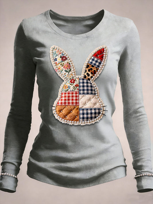 Women's Patchwork Rabbit Round Neck Long Sleeve T-shirt