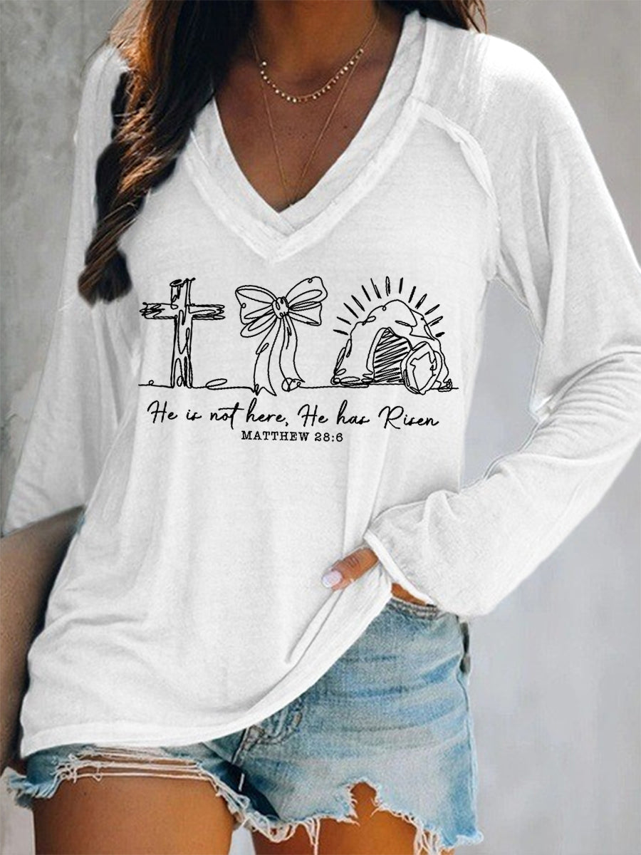 Women's He Is Not Here He Has Risen Matthew 28:6 Easter Christian Print Casual Long-Sleeve V-Neck T-Shirt