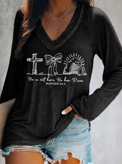 Women's He Is Not Here He Has Risen Matthew 28:6 Easter Christian Print Casual Long-Sleeve V-Neck T-Shirt