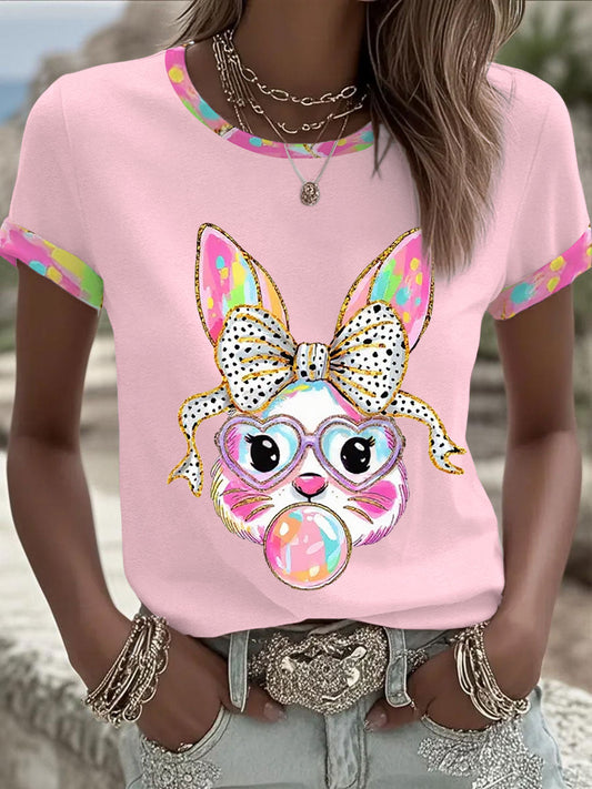 Women's Cute Glitter Easter Bunny Coquette Short Sleeve T-shirt