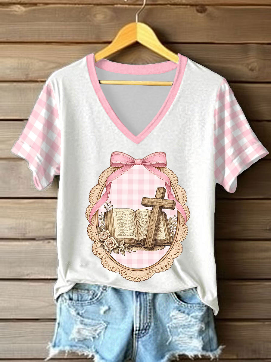 Women's Vintage Thrifted Christian Easter  V-neck T-shirt