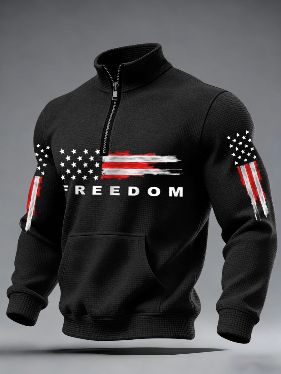 Men's Freedom USA Flag Print Casual Waffle Zipper Sweatshirt