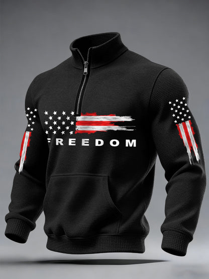 Men's Freedom USA Flag Print Casual Waffle Zipper Sweatshirt