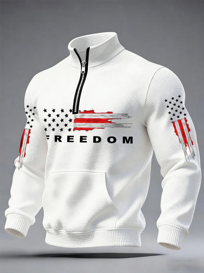 Men's Freedom USA Flag Print Casual Waffle Zipper Sweatshirt