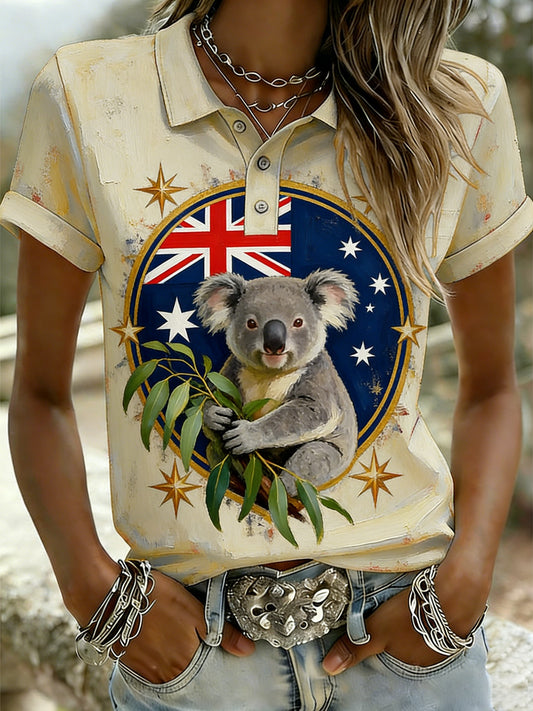 Women's   Retro Australian Flag Badge Koala  Short-Sleeve Polo Shirt