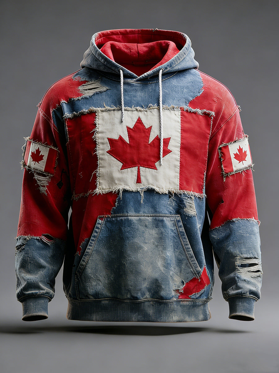 Retro Canadian Flag Patchwork Casual Hoodie