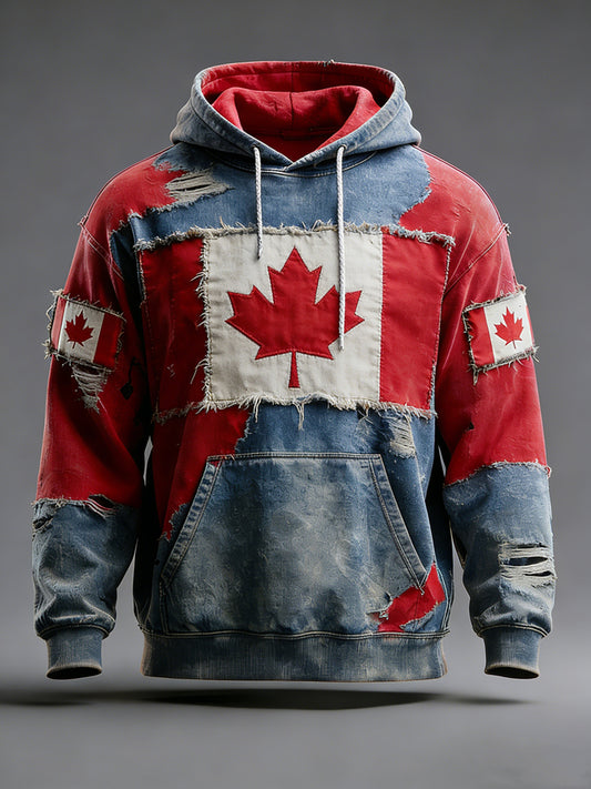 Retro Canadian Flag Patchwork Casual Hoodie