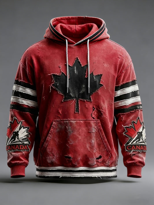Retro Canadian Hockey Maple Leaf Patchwork Casual Hoodie