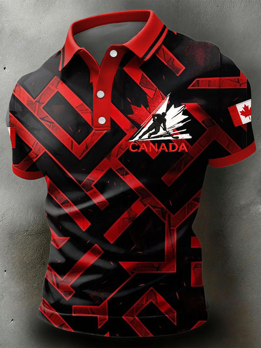 Retro Canadian Hockey Geometric Casual Polo Shirt
