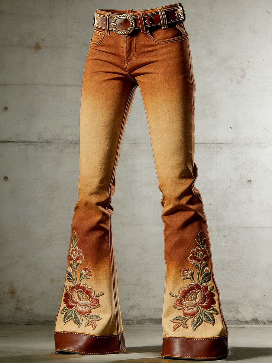 Women's Western Flowers Art Print Flared Trousers