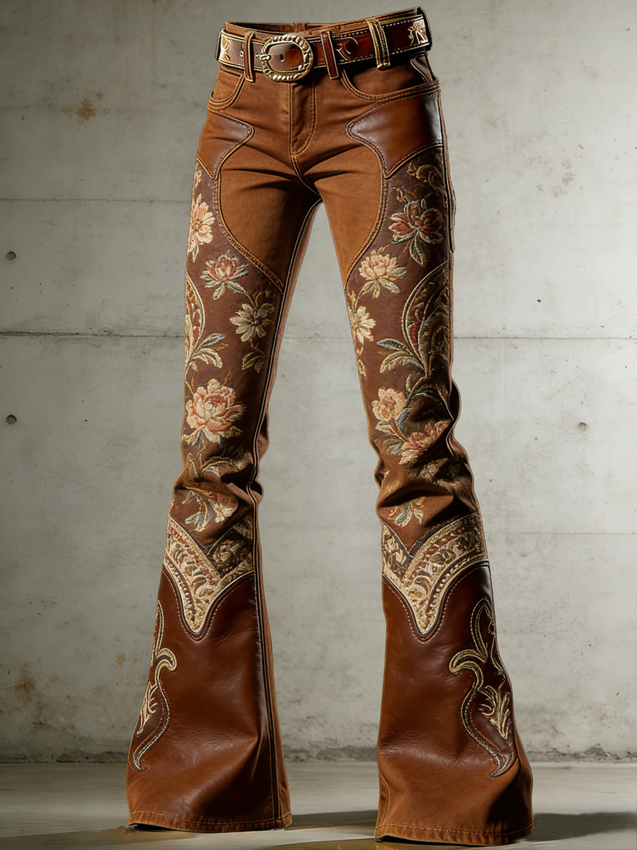 Women's Western Flowers Art Print Flared Trousers