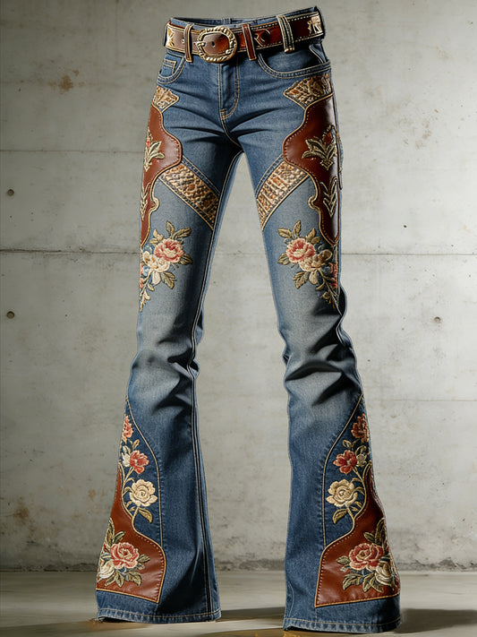 Women's Western Flowers Art Print Flared Trousers