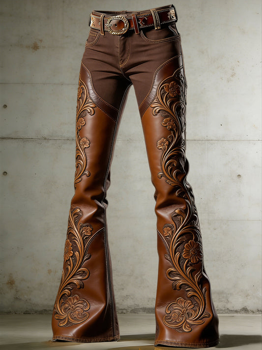 Women's Western Flowers Art Print Flared Trousers
