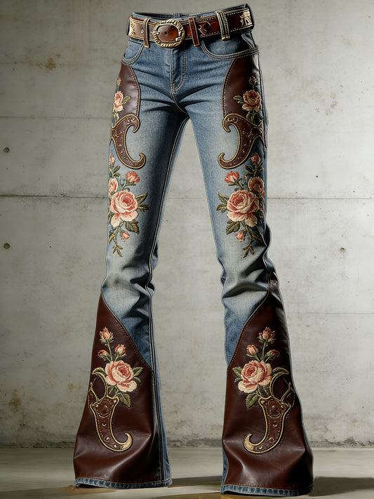 Women's Western Flowers Art Print Flared Trousers