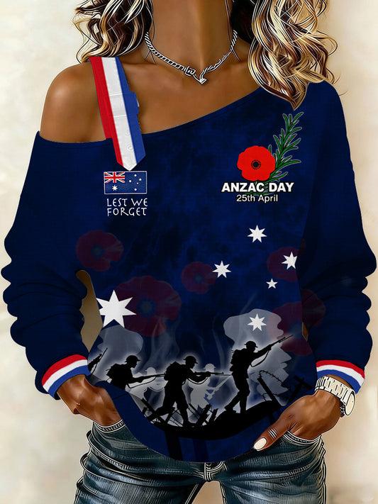 Women's Australia Anzac Day Lest We Forget  Print Casual Off-Shoulder Sweatshirt