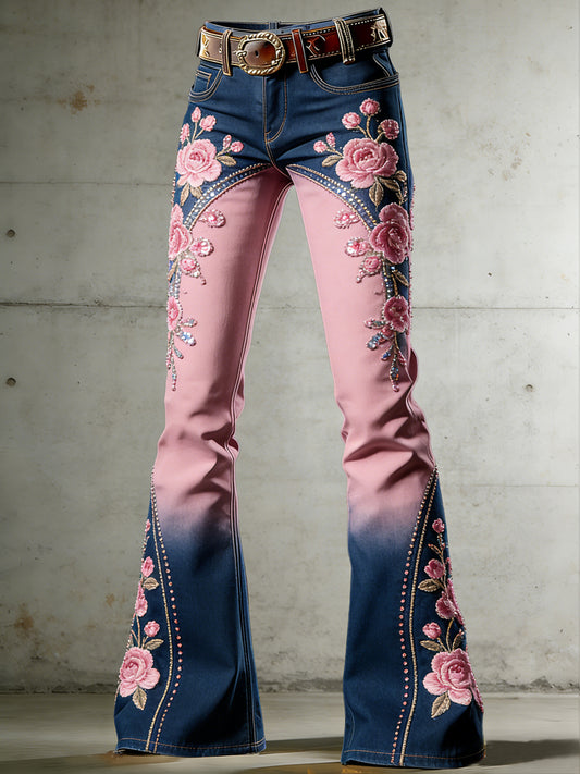 Women's Flower Art Print Flared Trousers