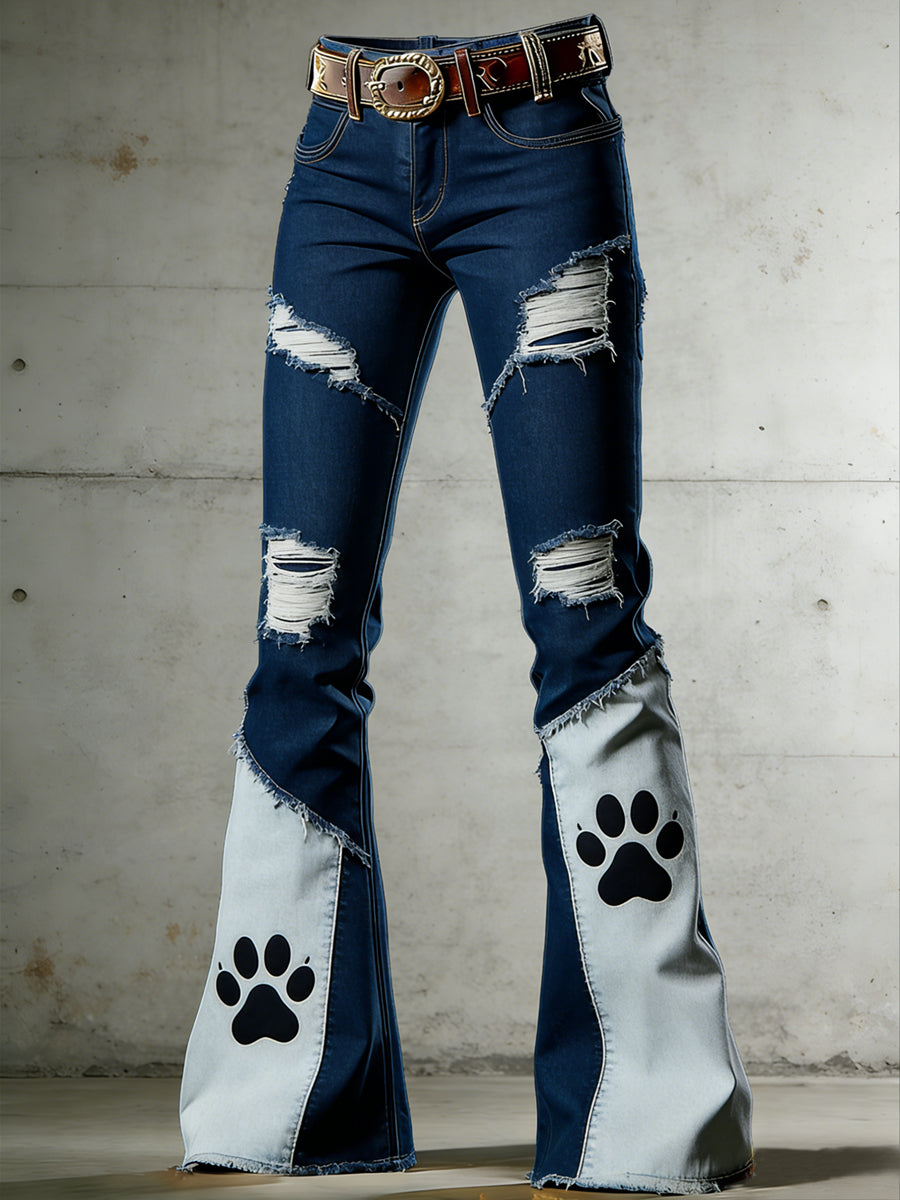 Women's Dog Paw Animal Art Print Flared Trousers