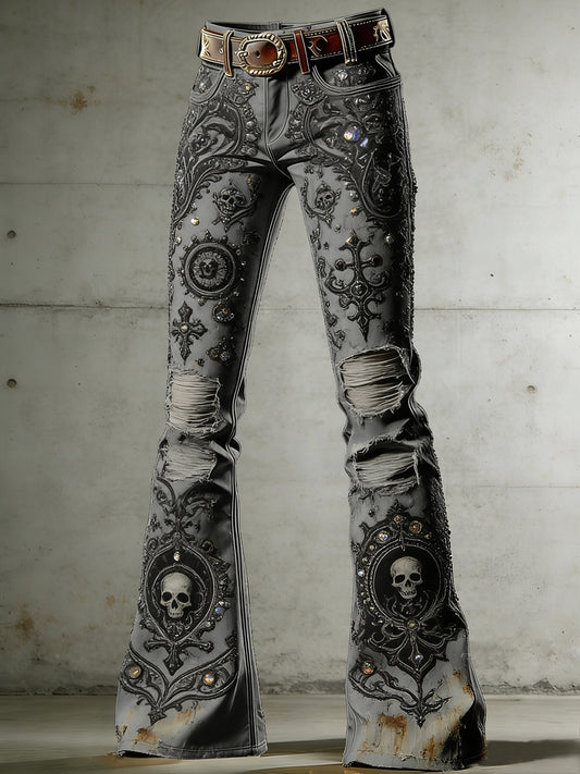 Women's Gothic Skull Art Print Flared Trousers